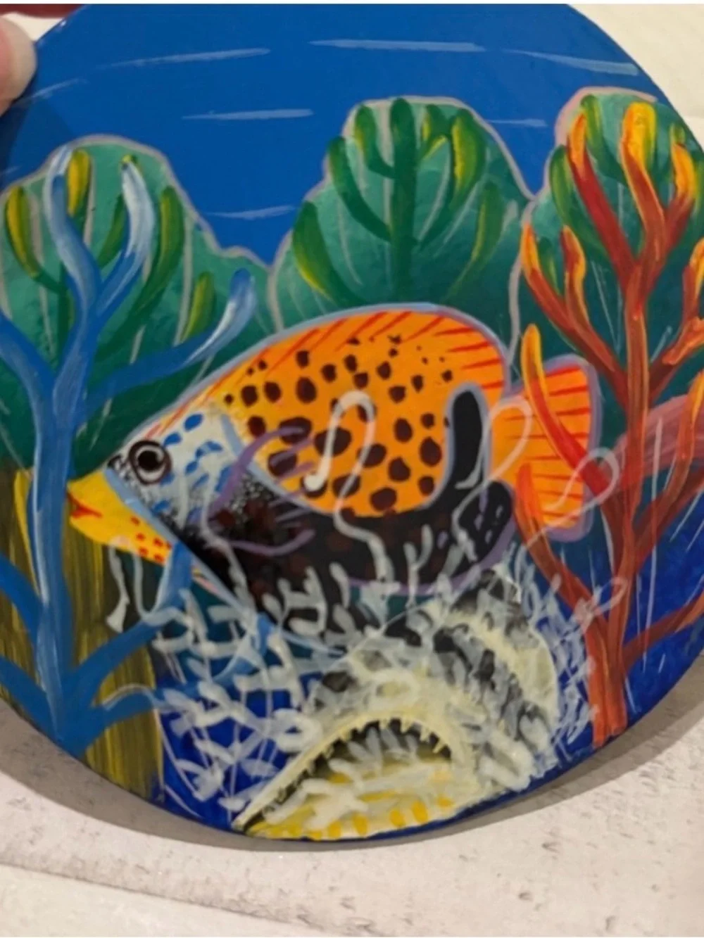 Pair of Colorful Hand Painted 5” Parrot and Fish Animal Coasters